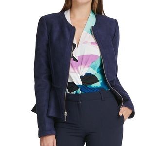 NWT DKNY Navy Faux-Suede Zip-Front Peplum Jacket